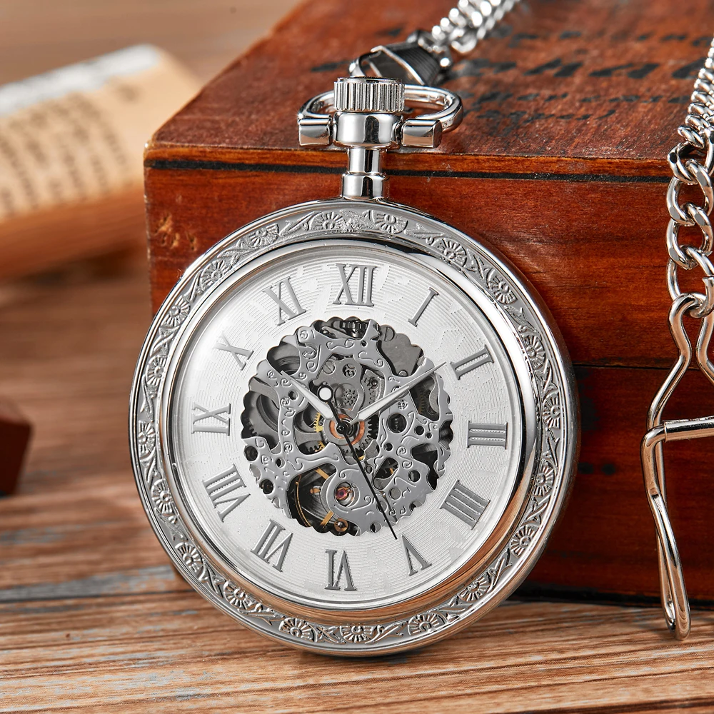 Classic Roman Mechanical Pocket Watches Mens Gold Skeleton Steampunk Pocket Watch Chains Fob Clips Clock for Men Gifts Relogio