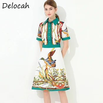 

Delocah Summer Women Fashion Runway A-Line Dress Short Sleeve Button Animal Printed Female Elegant Midi Dresses vestidos 2020