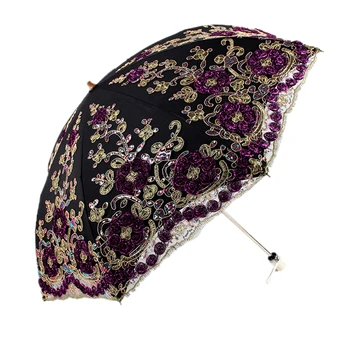 

Distinctive Embroidery Rain Sun Umbrella For Women Manual 2-Fold UV Umbrella For Female Artistic Lace Umbrella Exquisite Parasol
