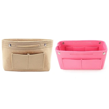 

2 Pcs Women Fashion Felt Cloth Inner Bag Fits in Insert Handbag Storage Personal Belongings Organizer, Beige & Pink