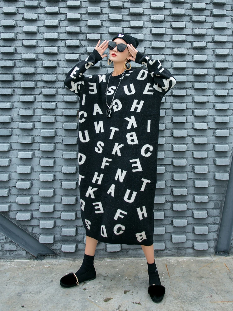 Vefadisa Letter Print Mid-Calf Sweater Dress Women
