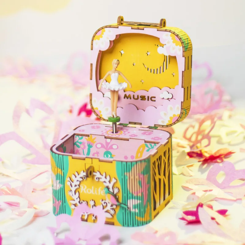 Принт с героями мультфильмов Kawaii DIY собирать деревянные балерина музыкальная