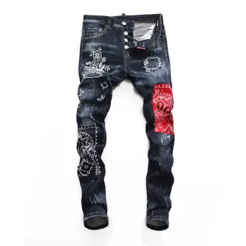 

Free shipping Brand slim fit fashion patchwork denim ripped zipper biker skinny jeans hole for man embroidery Patch Designer