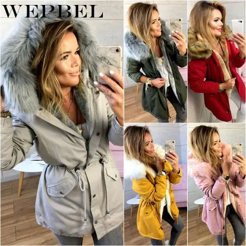 WEPBEL, женская зимняя парка, с меховым капюшоном, повседневная, модная, на молнии, с карманами, толстая, теплая, длинная, для девушек, с длинным рукавом, парка, пальто, куртки