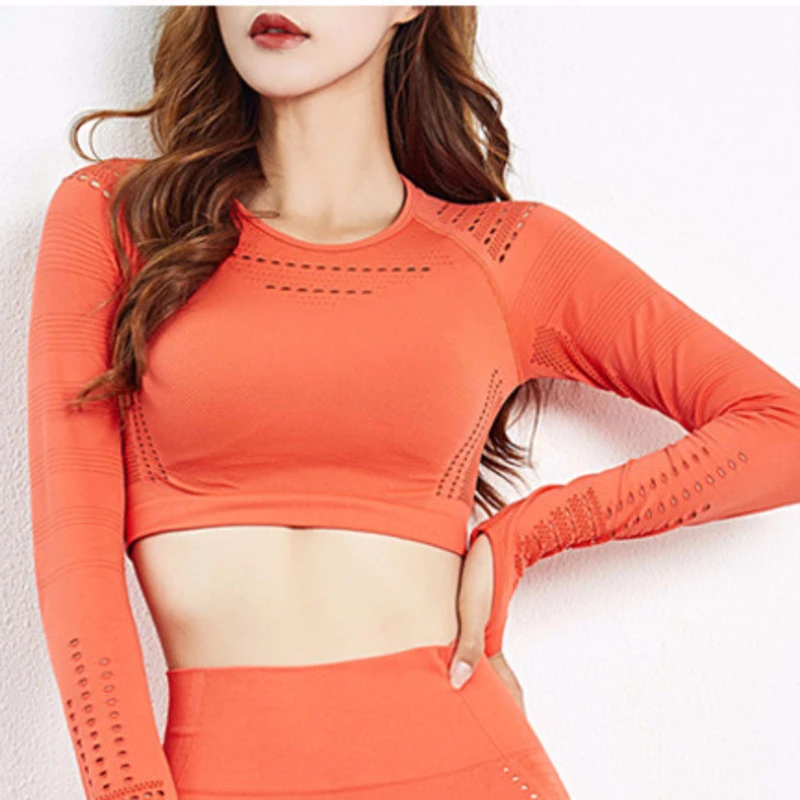 Orange Укороченный топ для йоги, для спортзала, с длинным рукавом, Женская нейлоновая Сексуальная рубашка, красивая, для тренировок, бодибилдинга, сетчатая, дышащая, Спортивная, для бега, NCLAGEN - Цвет: Orange