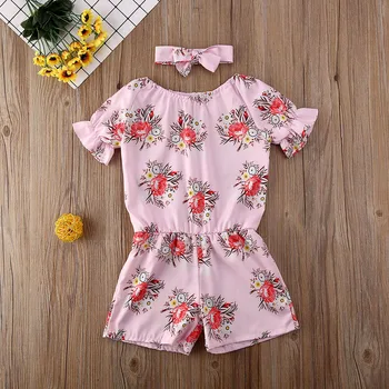 

Pudcoco Toddler Baby Girl Clothes Flower Print Short Sleeve Romper Jumpsuit Headband 2Pcs Outfits Cotton Clothes