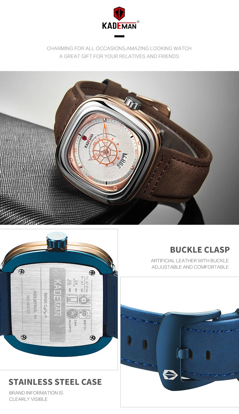 KADEMAN Новые квадратные часы мужские Роскошные спортивные часы Звездный дизайн модные наручные часы 3TAM Бизнес повседневные Relogio Masculino