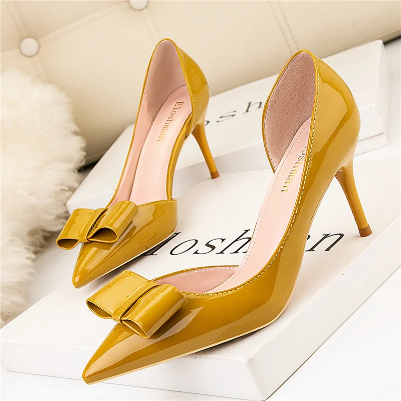 

2020 New Woman Medium 7cm High Heels Scarpins Shoes Knots Purple Yellow Escarpins Heels Tacones Stiletto Wedding Valentine Pumps