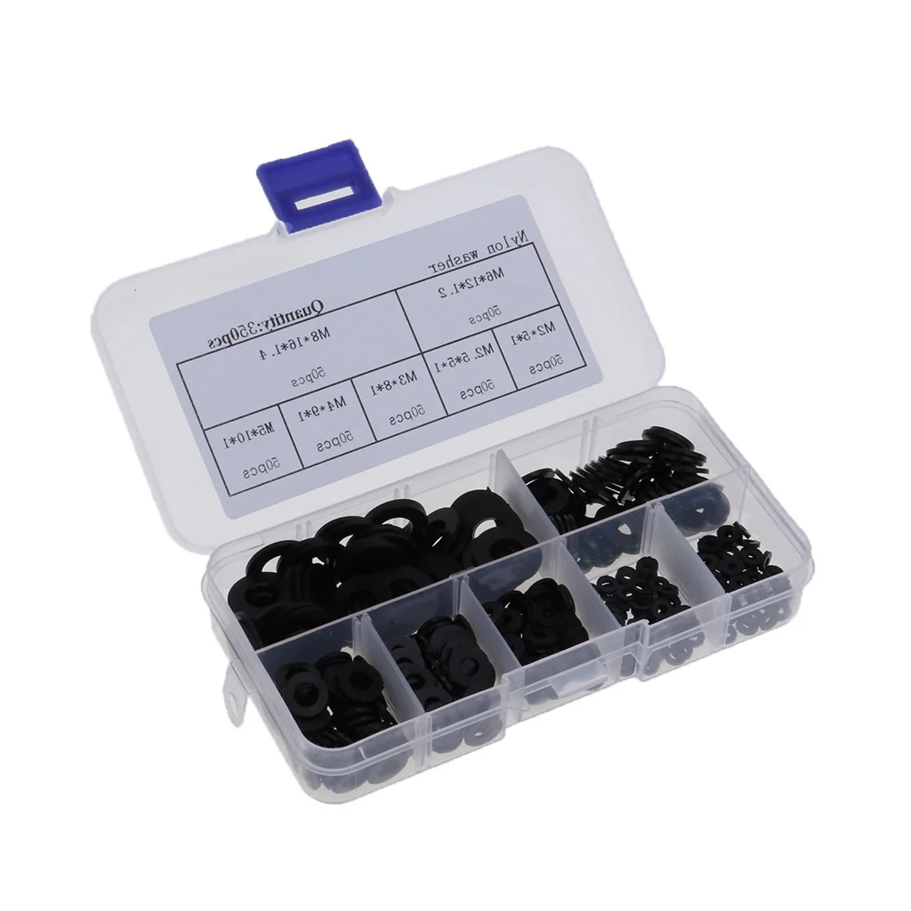 350Pcs Black & White Nylon Flat Spacer Assortment Shim Set Plain Washer O-Ring Gasket Kit M2 M2.5 M3 M4 M5 M6 M8