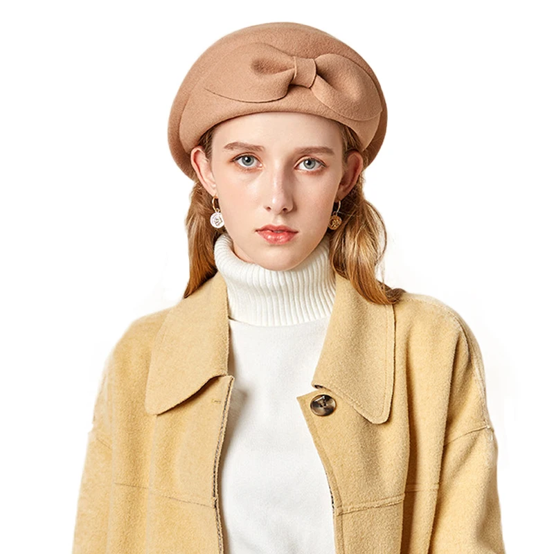 Camel beret FS Элегантный женский шерстяной берет с бантом на осень и зиму, теплый фетровый головной убор, шляпа-федора, вечерние береты на свадьбу - Цвет: Camel beret