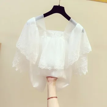 

Lace Ruffles Women Blouse 2020 Summer New Solid Square Collar Lady Elegant Pulls Fashion Outwear Tops