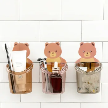 

Mini Cartoon Bathroom Hanging Storage Cup Plastic Punch-free Bear Pattern Bathroom Toothpaste Toothbrush Storage Holder