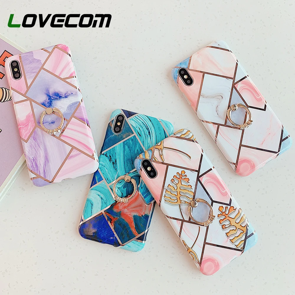 

LOVECOM Phone Case For iPhone 11 Pro XR XS Max 6 6S 7 8 Plus X Soft Electroplate Geometric Marble Back Cover With Finger Ring