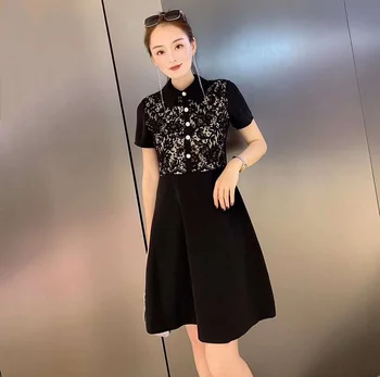 

Slim Fit & Flare Dress 2020 Spring Summer Fashion Ladies Turn-down Collar Crochet Lace Patchwork Short Sleeve Elegant Dress OL