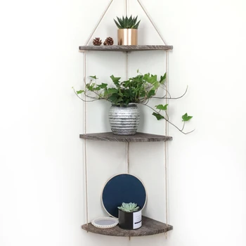 

Retro Hanging Rack Corner Shelf Displays Storage Rack Jute Rope Wood Wall Floating Shelves Wall Decoration Home Storage Holders