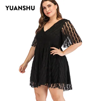 

YUANSHU Elegant Black Lace Plus Size Mini Dress Women V Neck Backless Hollow Out Half Sleeve Large Size Summer Dress XL-5XL