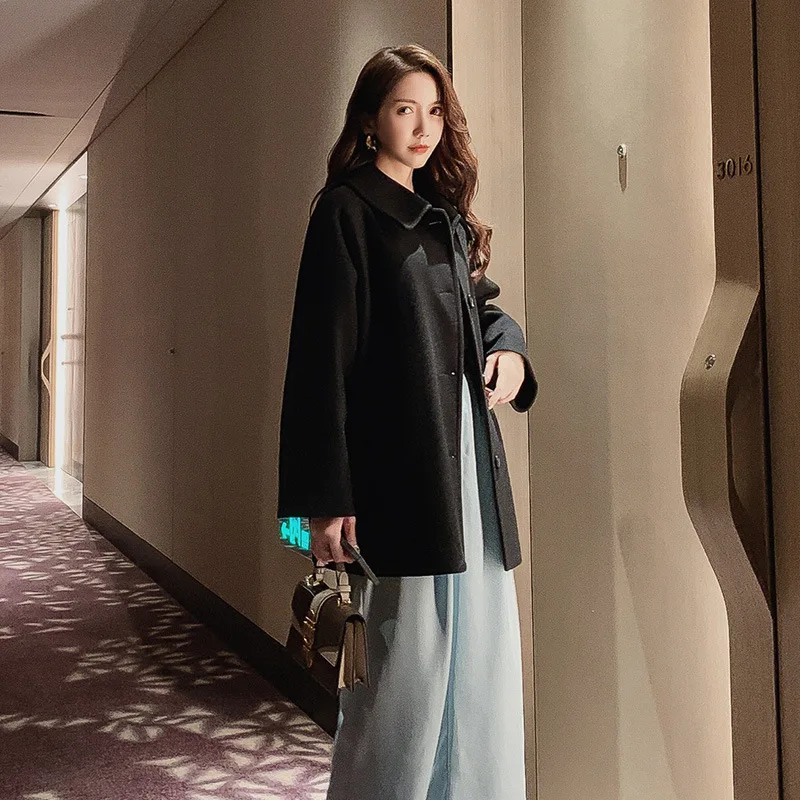 

Autumn Winter Wool Blend Coat Women Long Sleeve Collar Outwear Casual Elegant Overcoat Woolen Coat