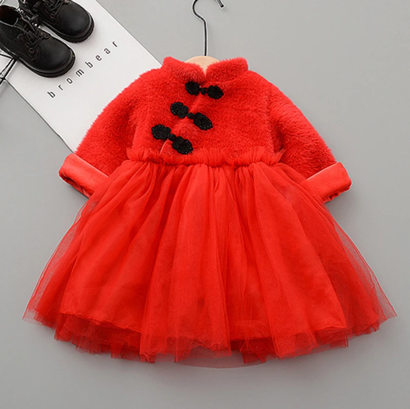 Новое осенне-зимнее платье для малышей в китайском стиле теплая детская одежда с длинными рукавами Детские платья для детей от 1 до 5 лет, платье для маленьких девочек - Цвет: red