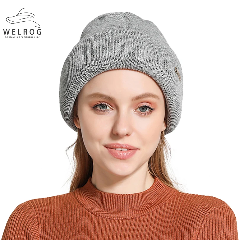 

WELROG 4-layer Ultra Thick Skullies Hats Black Handmade Knitting Wools Pinstripe Flanging Beanies Hat Solid Jacquard Winter Hats