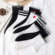 Женские носки, Осенние, полосатые, с сердечками, хлопковые, одноцветные, кружевные, милые, в горошек, повседневные, дышащие, белые, женские, модные, женские носки, 1 пара