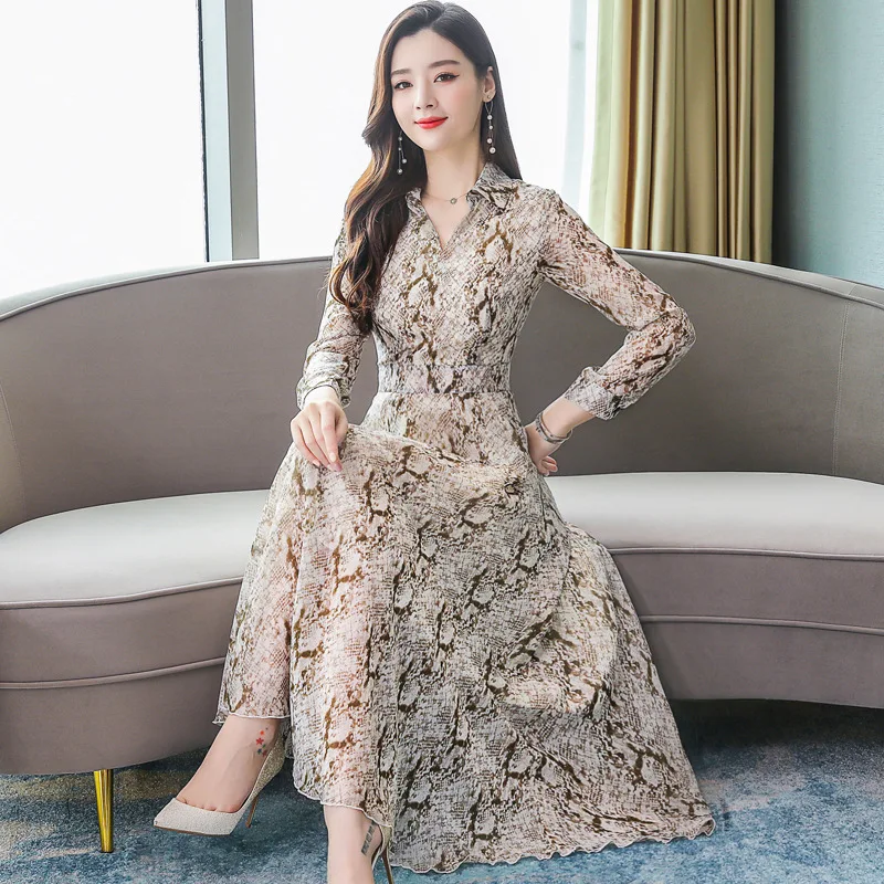 

2019 Autumn Clothing WOMEN'S Dress Fashion Mom New Style Summer Chiffon Printed Slim Fit Slimming Elegant Long Sleeve Big Hemlin