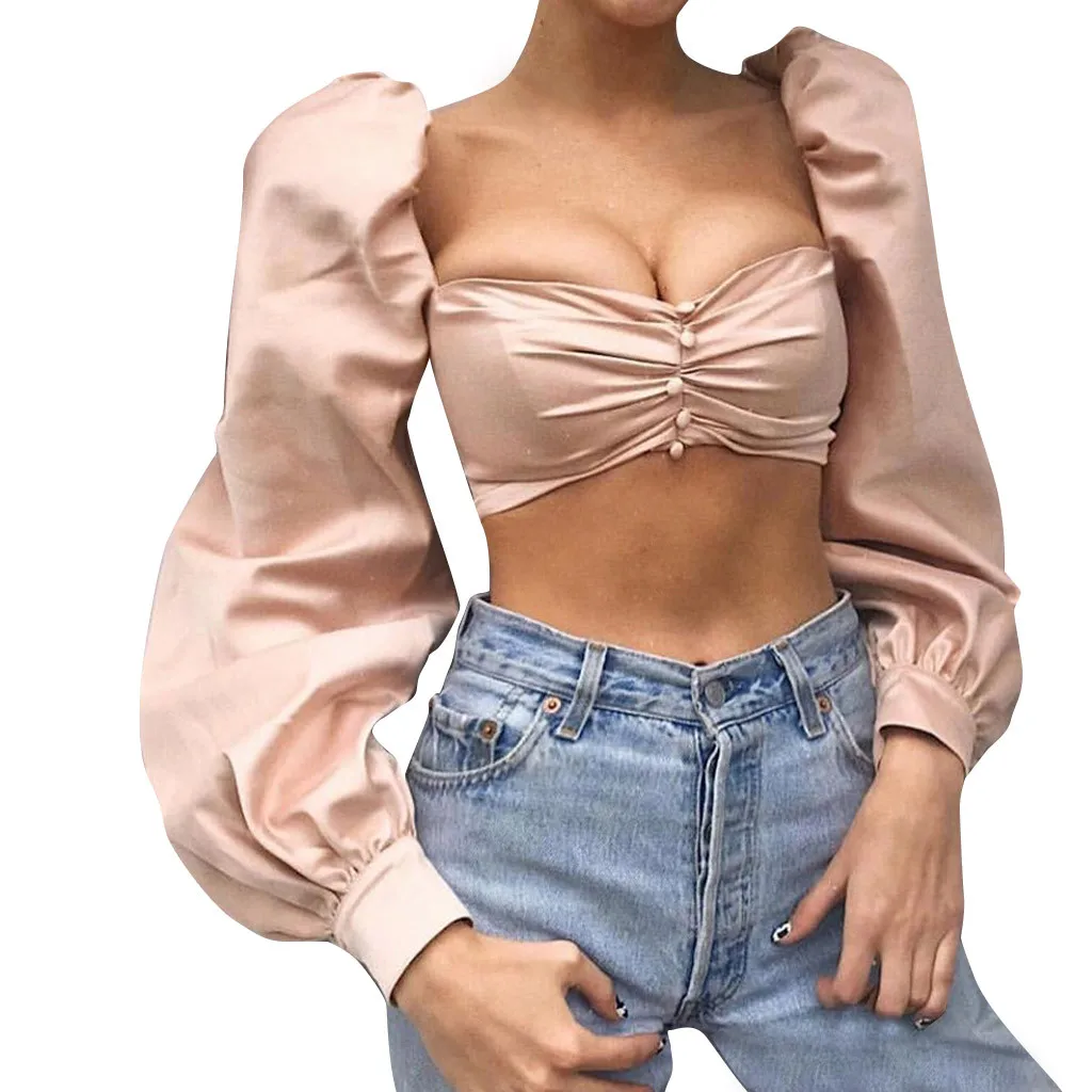 

Women's Low-cut Solid Color Blouse Wrapped Breast Buttons Navel Slim Shirt Top Korean Fashion Clothing Blusas Mujer De Moda #W