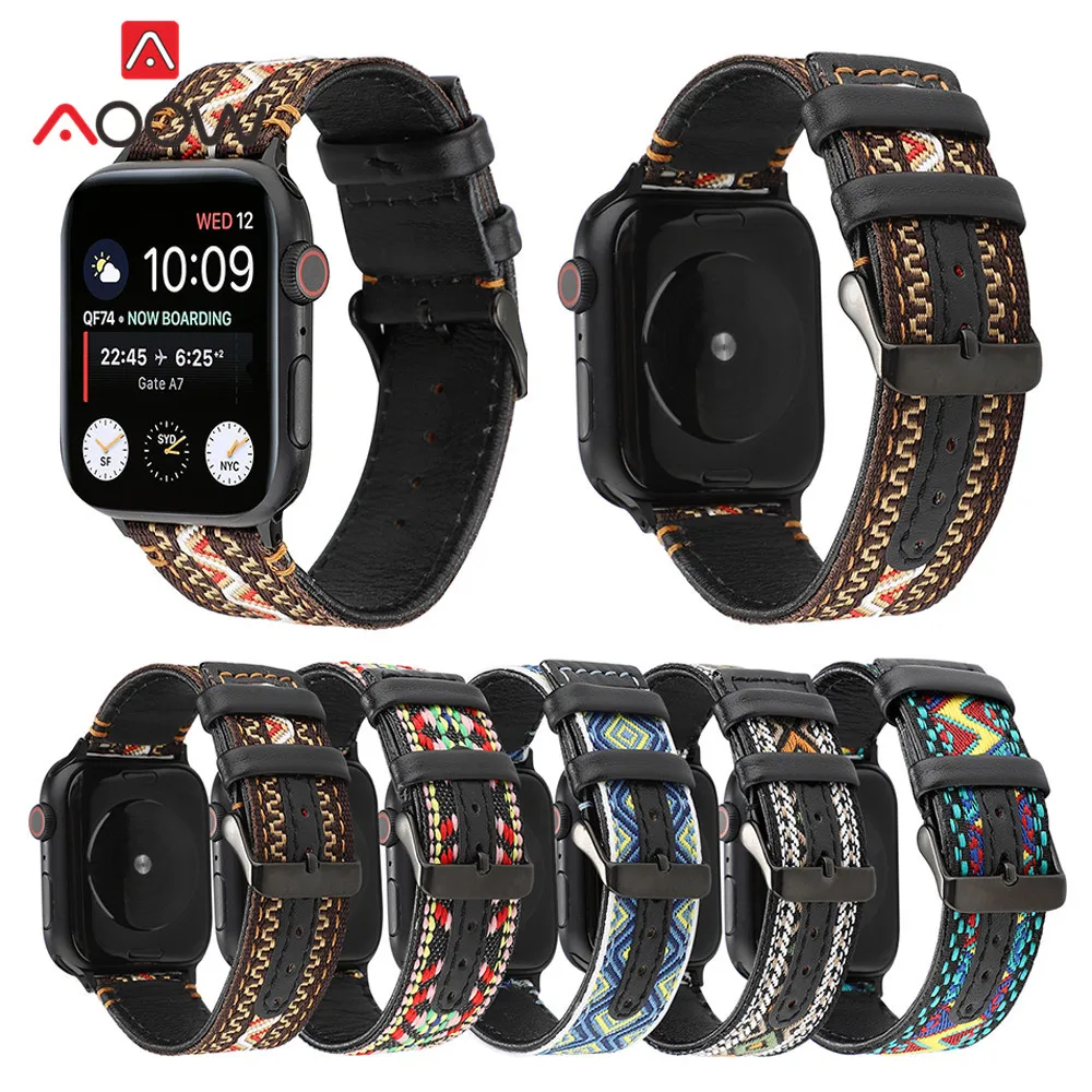 Нейлоновый Плетеный народный стиль ремешок для часов для Apple Watch 40 мм 44 мм 38 мм 42 мм кожаный браслет ремешок аксессуары для iwatch 1 2 3 4