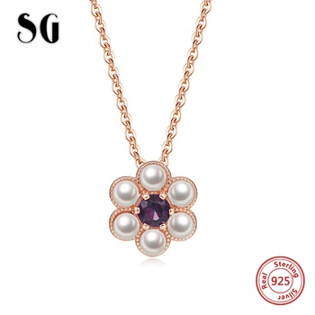 

S925 Silver Necklace For mother Women Little Flower Pendant Amethyst Gemstone 18k Rose Gold Plated Fine Jewelry wholesale