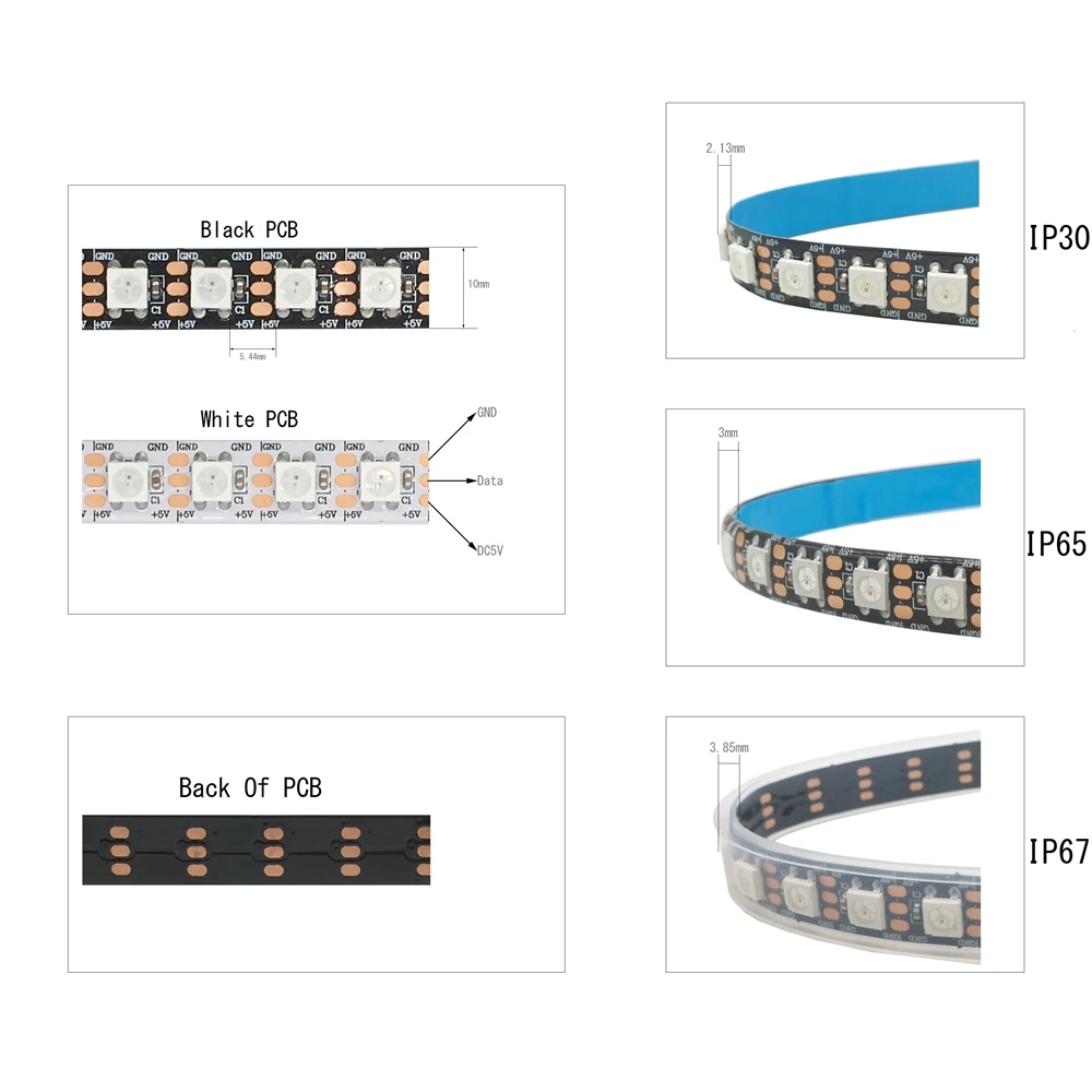 WS2812B Светодиодные полосы, индивидуально адресуемые Смарт WS2812 RGB светодиодные полосы, 96 светодиодов/м черный/белый PCB водонепроницаемый IP30/65/67 DC5V