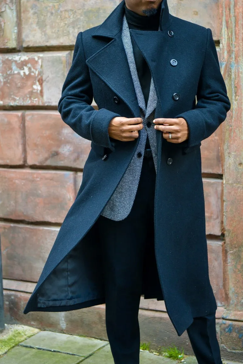 Black Thick Greatcoat Wool Men Suits Peaked Lapel Outfit Custom Made One Piece Long Overcoat High Quality Jacket new designed velvet tuxedos wool shawl lapel british style custom made mens suit slim fit blazer wedding suits for men suit pant