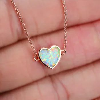 

Cute White Fire Opal Love Heart Pendant Rose Gold Necklaces For Women White Gold Engagement Jewelry Female Statement Necklace