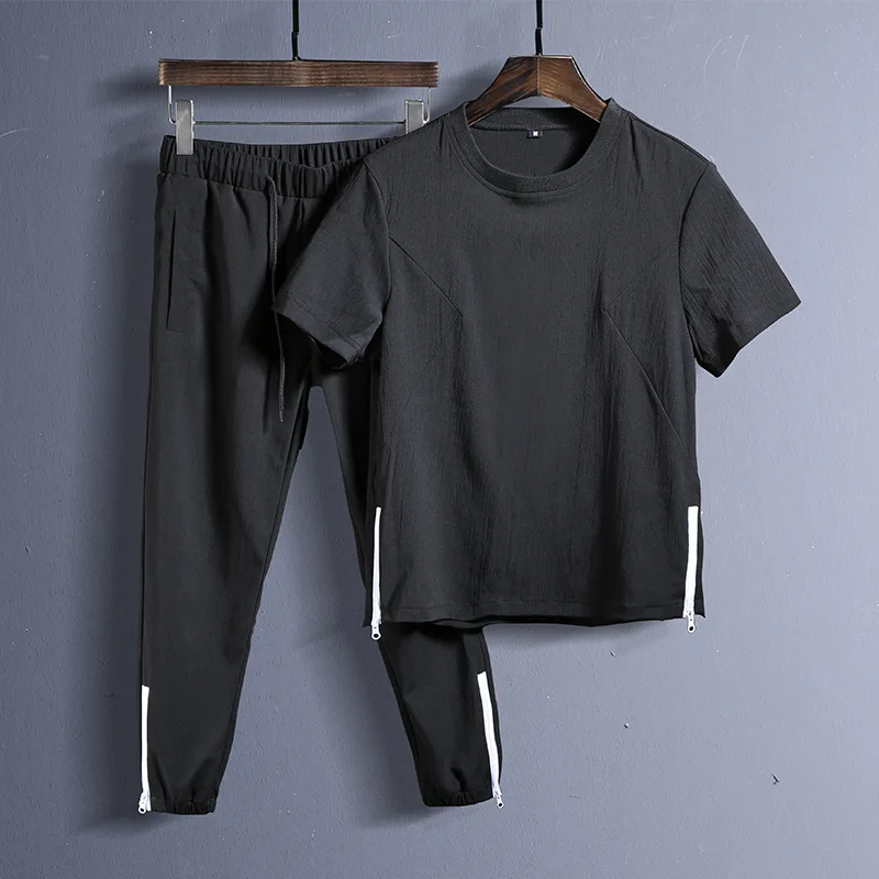 

Two-Piece Set Flax Set Capri Pants Short Sleeve T-shirt Men Summer Cotton Linen Leisure Suit Chinese-style Men'S Wear D87