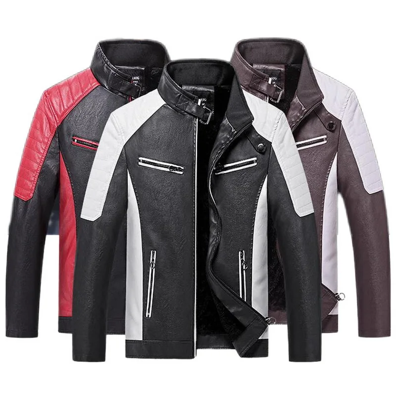 

European Size Autumn Winter Leather Jacket Men's Color Patchwork Velvet Street PU Leather Outwear
