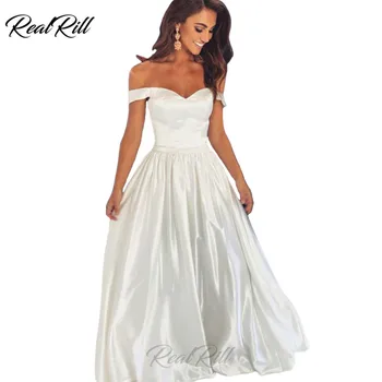 

Real Rill Off The Shoulder Prom Dresses 2019 Long Satin Lace Up Back A Line Formal Dress Strapless Party Gown