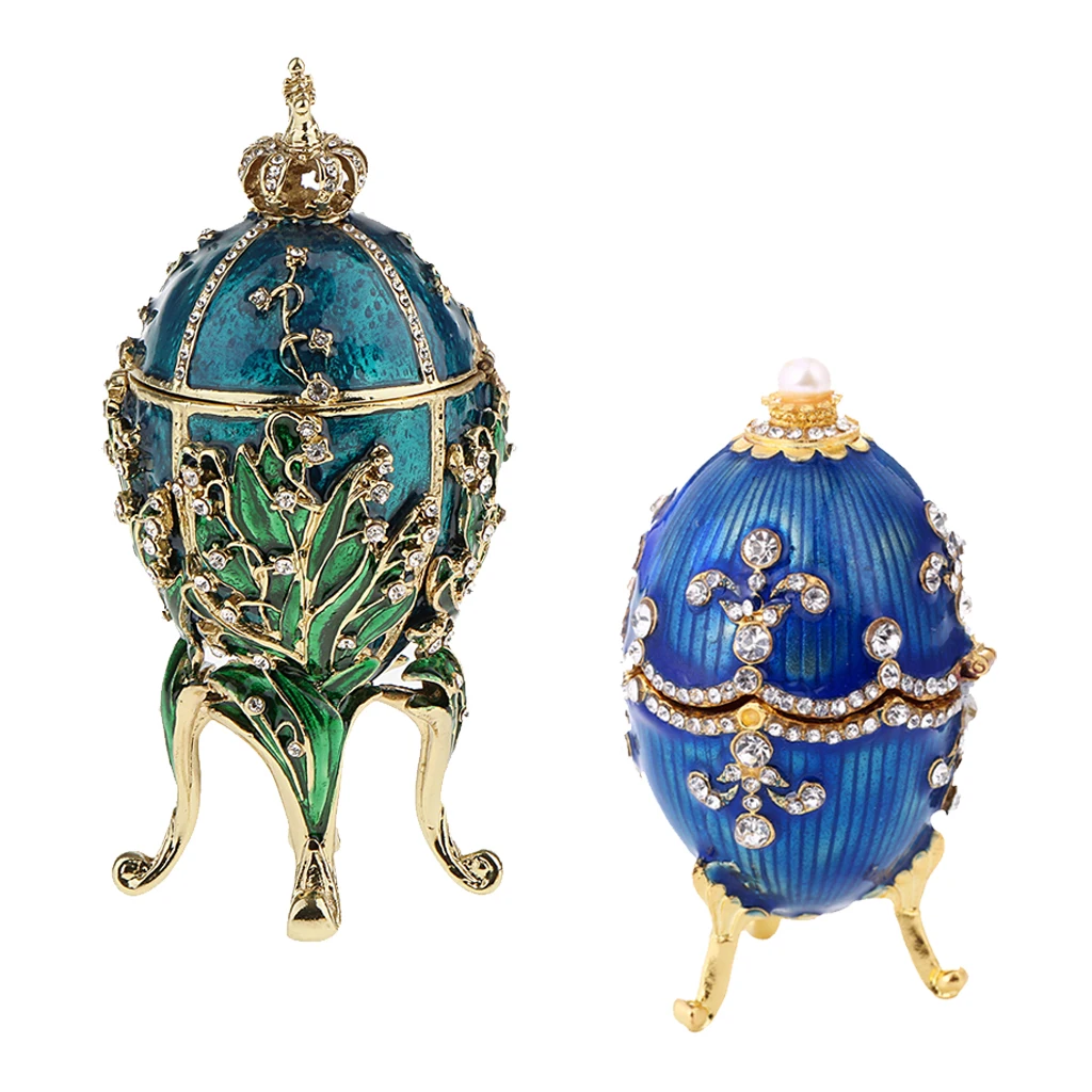 2Pcs Crystal Easter Faberge Egg Jewelry Box Earrings Russian Trinkets Case