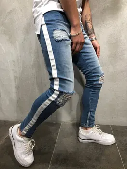 

2019 new Knee Hole Side Zipper Slim Distressed Jeans Men Ripped tore up streetwear hiphop For Men slim stripe pants