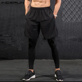 

Men Sweatpants Quick Dry Elastic Waist Bodybuilding Fake Two Pieces Trousers 2020 Fitness Joggers Mens Track Pants S-5XL INCERUN