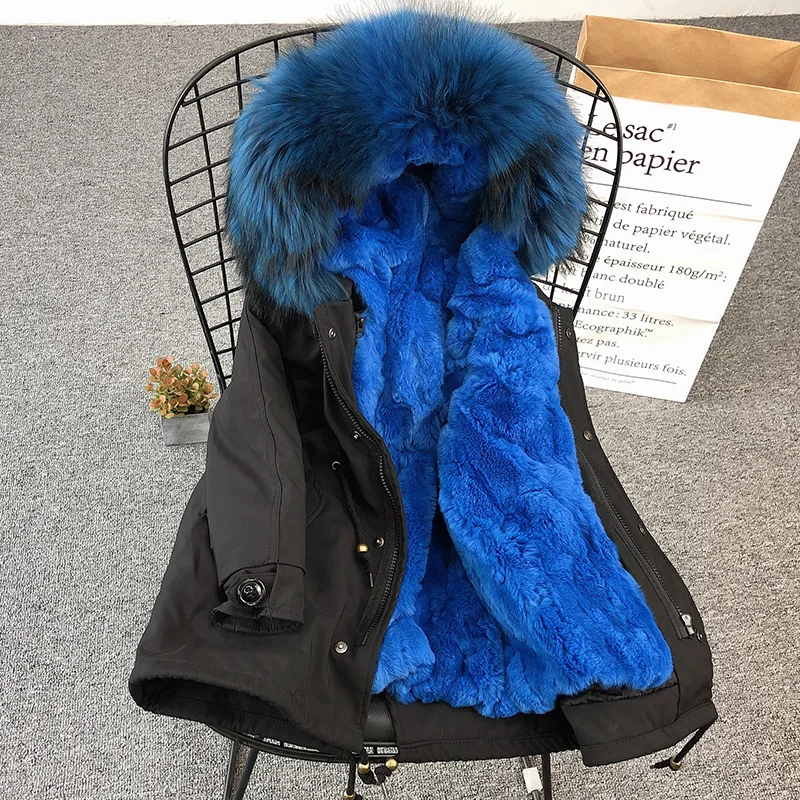 Детское пальто коллекция года, модное зимнее пальто с натуральным мехом теплая парка с воротником из меха енота для мальчиков и девочек детская куртка - Цвет: Black royal blue fur