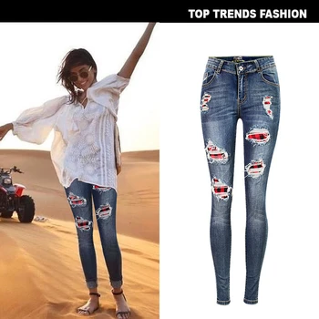 

High Waist Slim Plaid Jeans Women US Pop Hole Pencil Full Jeans Spring Stretch Full Pants