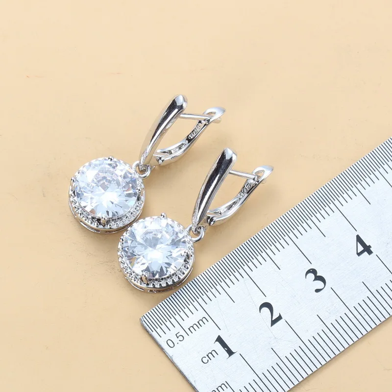 Милый круглый белый циркониевый свадебный набор 925 стерлингового серебра Висячие серьги и ожерелье кольцо женские ювелирные наборы