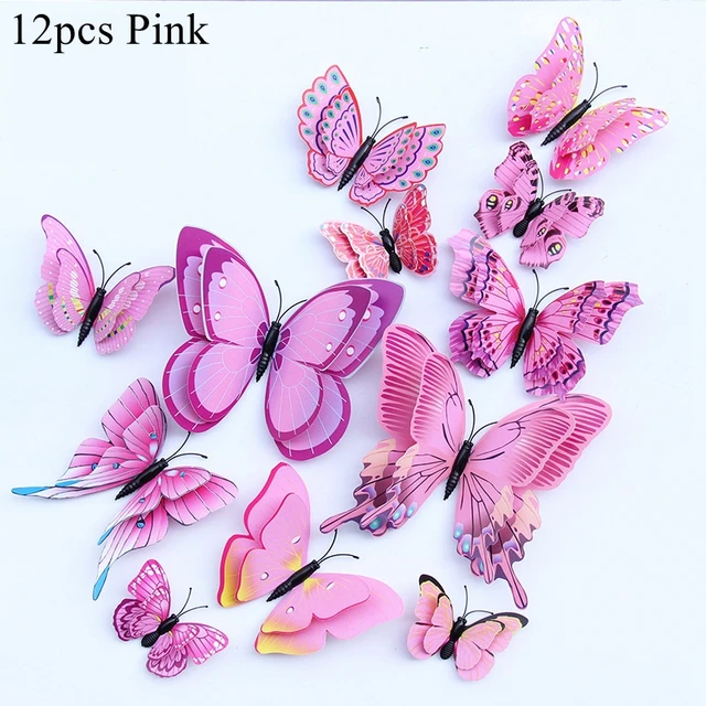 12PCS Butterfly Decoration stickers Decorative Butterflies For Birthday Party Supply 3D butterfly Theme Parti Decor Wedding pink