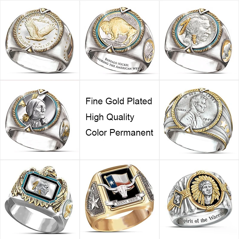 

Spirit Of The Warrior Totem Ring Men Gold Silver Two-tone Eagle Cow Texas Pride Rings Liberty America Viking Jewelry Accessories