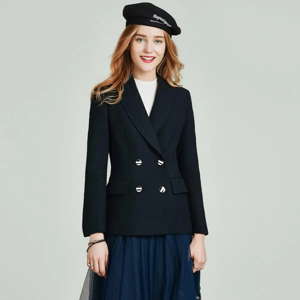 

HAVVA 2020 spring new blue nipped waist coat slim double-breasted short jacket female W5312