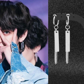 

1 pair Kpop bangtan boys V earrings The same style with V ear stud chain Tassel stainless steel Bangtan boys K-pop supplies
