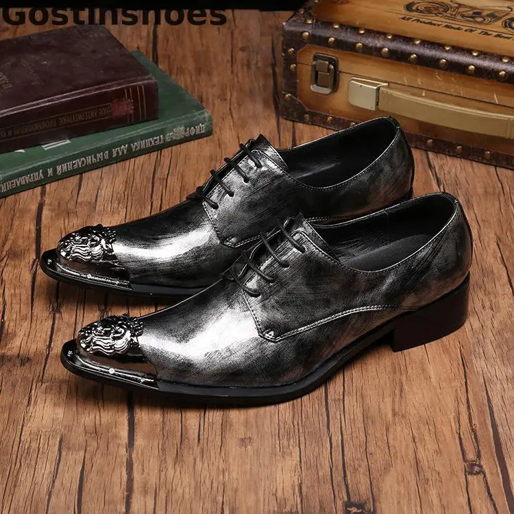 Classic Men Shoes Dark Grey Genuine Leather Casual Loafers Vintage Style Metal Capped Toe Slip-n Low Heel | Обувь