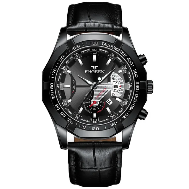 FNGEEN Luxury Men's Watches Stainless Steel Band Fashion Waterproof Quartz Watch For Man Calendar Male Clock Reloj Hombre S001 Leather Black