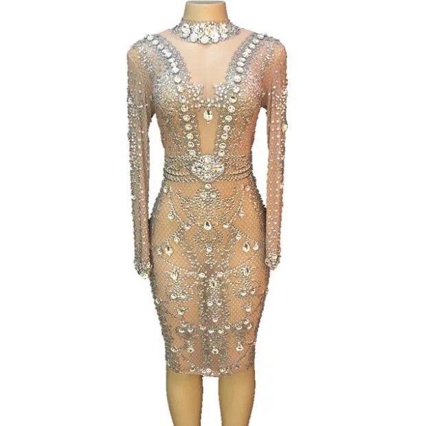 Блестящее Сетчатое Прозрачное платье с большими кристаллами вечерние