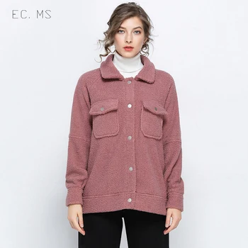 

EC.MS Jacket Pink Women Cardigan Pocket Warm Fleece Coats