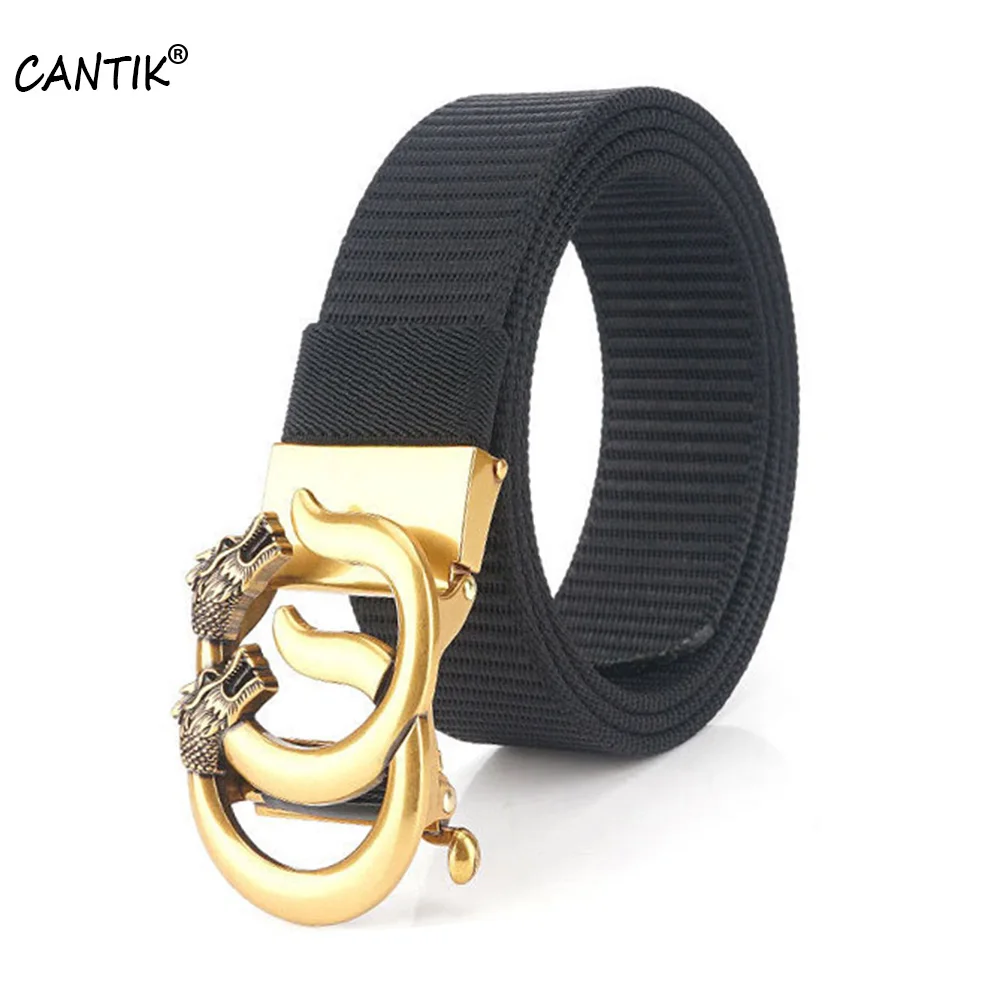 CANTIK Unique Dragon & CC Hook Gold Colour Automatic Buckle Metal Quality Black Nylon & Canvas Belts Men Accessories CBCA262