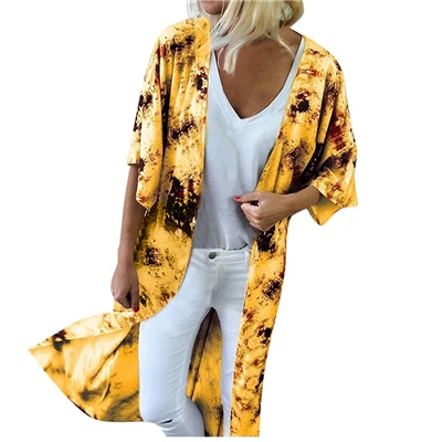 Модные женские длинные кимоно кардиган свободные летние цветочные печати Блуза с рукавами-клеш с коротким рукавом Кардиган Топы blusas mujer - Цвет: Цвет: желтый